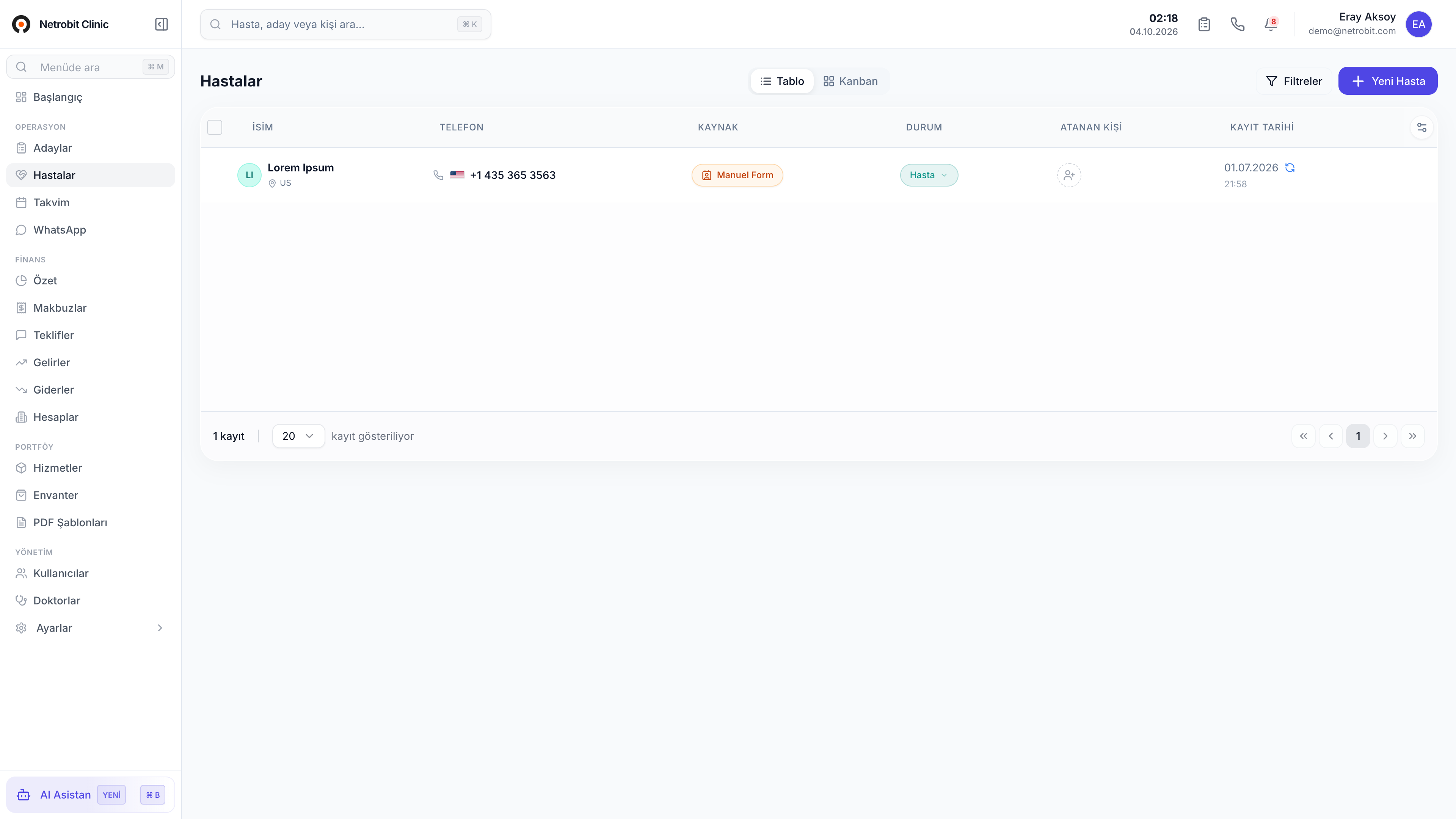 Netrobit CRM Hasta ve Lead Ekranı